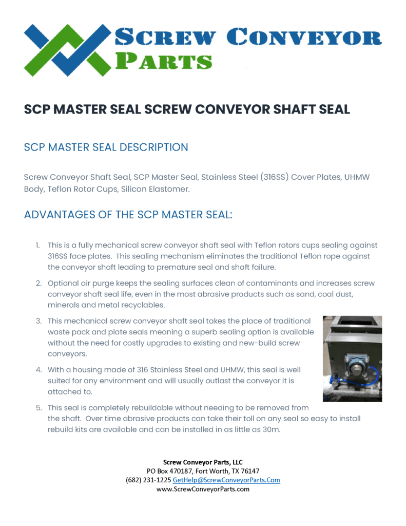 Scp Master Seal Specifications Cover Page - Screw Conveyor Parts